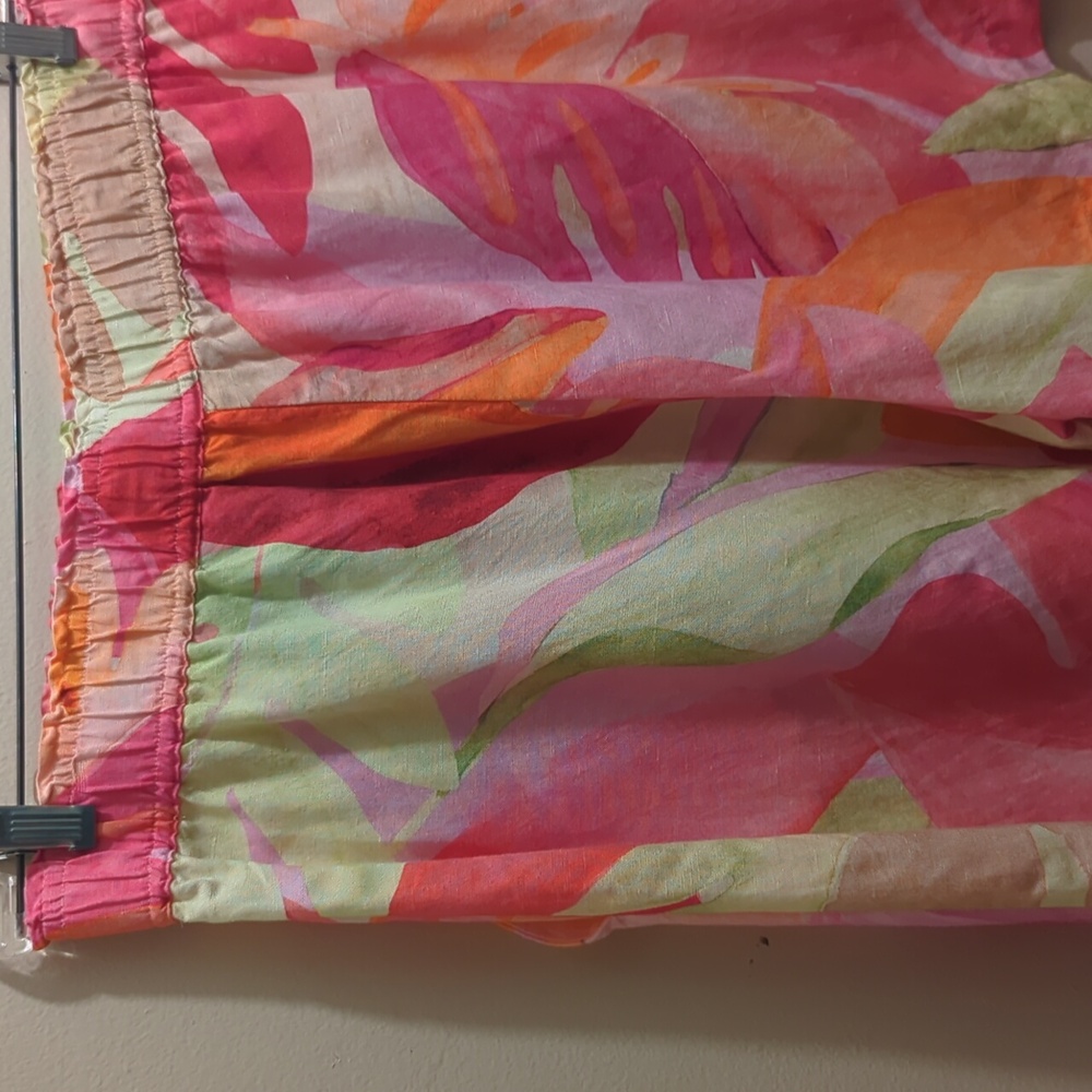H&M Linen Blend Pull-On Shorts High Waist Pockets Pink Orange Leaf-Patterned- L - Picture 9 of 12